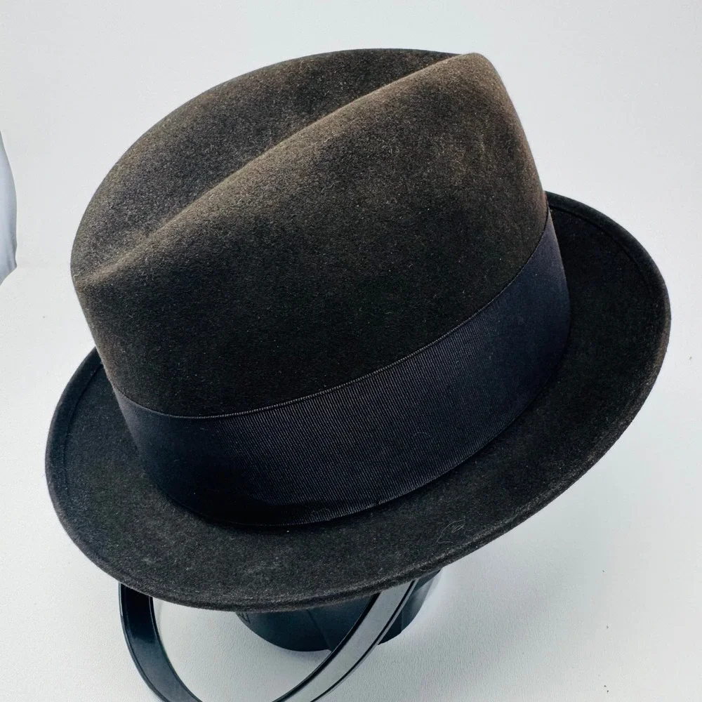 Vintage Mallory Fedora Hat Brown Fur Felt Cravenette Processed‎ Size 7 Feather